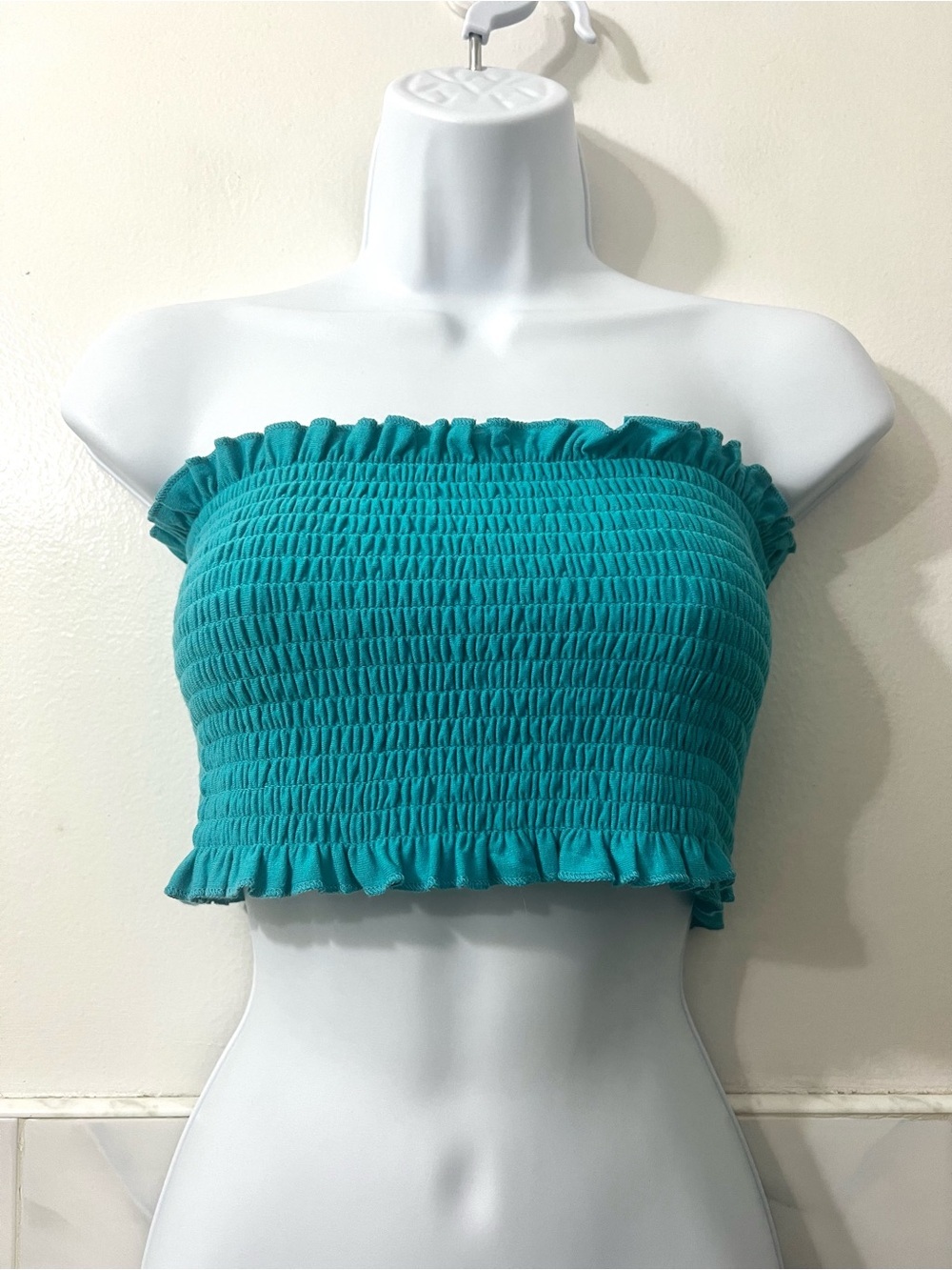 Zenana Tube Crop Top Smocked Strapless Ruffle Trim Summer M Beach Festival